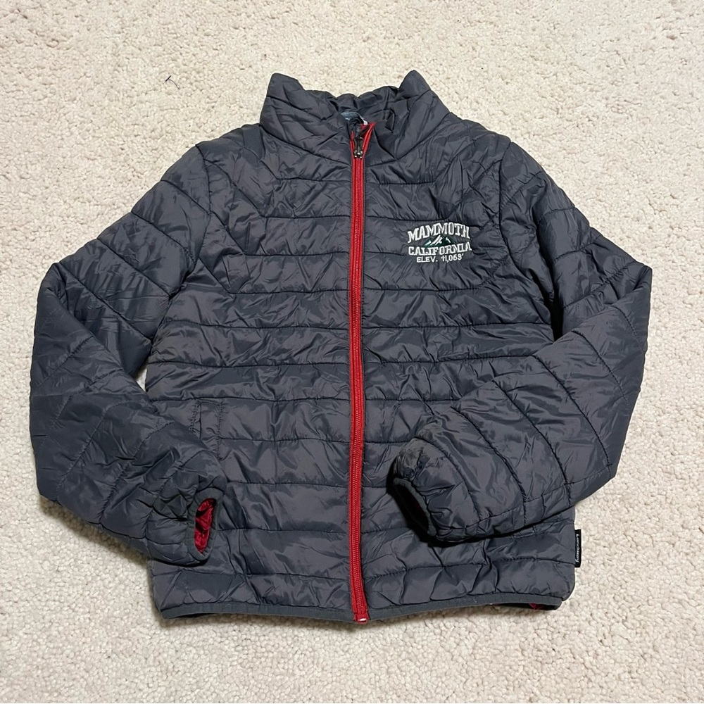Landway Youth Small Puffer Jacket Grey Red Mammoth California Embroidered Puffy